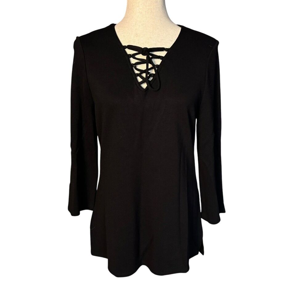 Chicos Black Women Size 0, SMALL Classic V Neck Tie Stretch